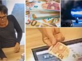 Илюстративен колаж от охранителни кадри и снимки, свързани със сигнал за измамна схема с размяна на банкноти при търговци.